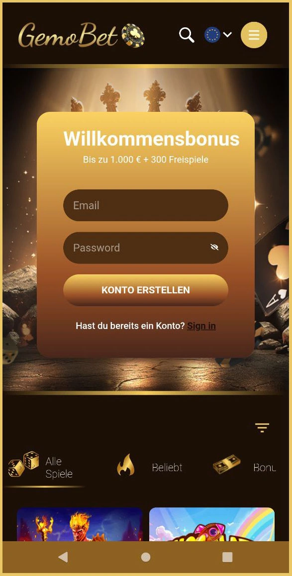 Überblick zur Hauptnavigation von Gemobet Casino